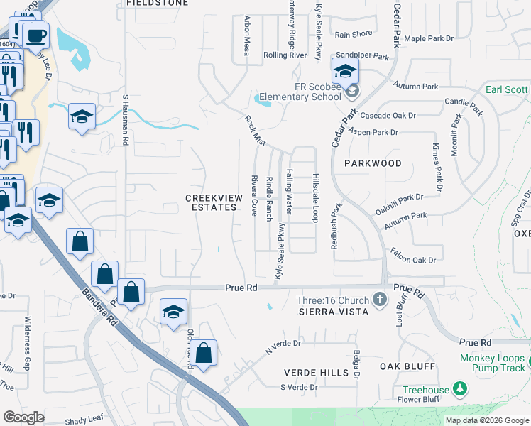 map of restaurants, bars, coffee shops, grocery stores, and more near 10923 Rindle Ranch in San Antonio