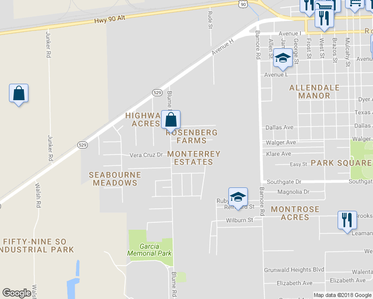 map of restaurants, bars, coffee shops, grocery stores, and more near 125 Vera Cruz Drive in Rosenberg