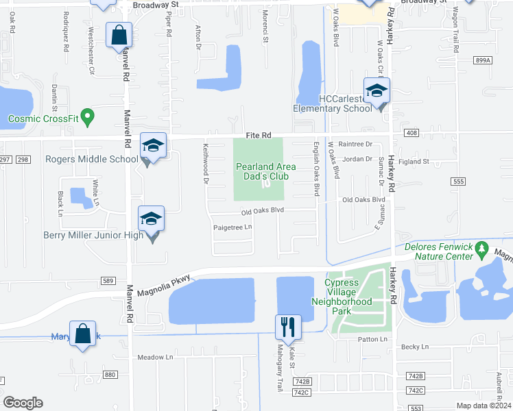 map of restaurants, bars, coffee shops, grocery stores, and more near 6625 Old Oaks Boulevard in Pearland