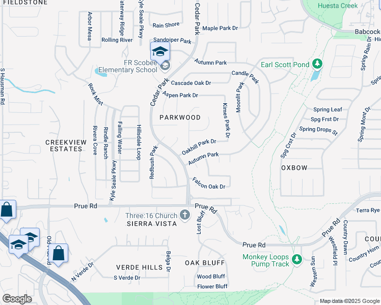 map of restaurants, bars, coffee shops, grocery stores, and more near 7766 Oakhill Park Drive in San Antonio