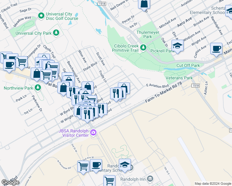 map of restaurants, bars, coffee shops, grocery stores, and more near 406 East Wright Boulevard in Universal City