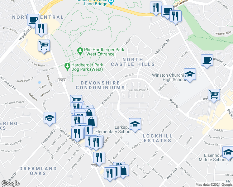 map of restaurants, bars, coffee shops, grocery stores, and more near 50 Larkspur Drive in San Antonio