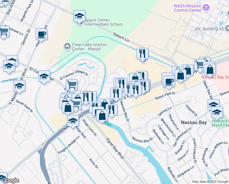 map of restaurants, bars, coffee shops, grocery stores, and more near 1315 Nasa Parkway in Houston