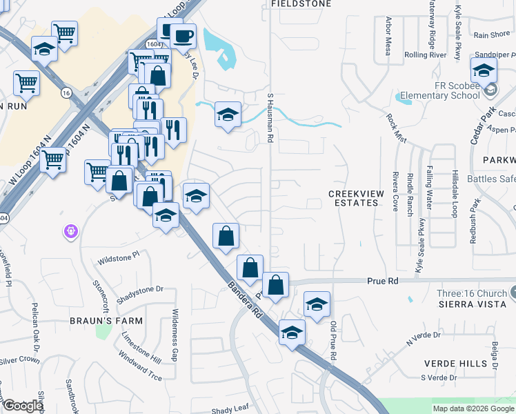 map of restaurants, bars, coffee shops, grocery stores, and more near 8803 Brae Park Drive in San Antonio