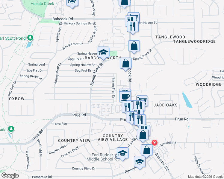 map of restaurants, bars, coffee shops, grocery stores, and more near 6502 Spring Lark Drive in San Antonio