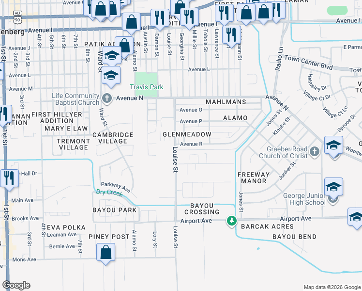 map of restaurants, bars, coffee shops, grocery stores, and more near 3212 Avenue R in Rosenberg