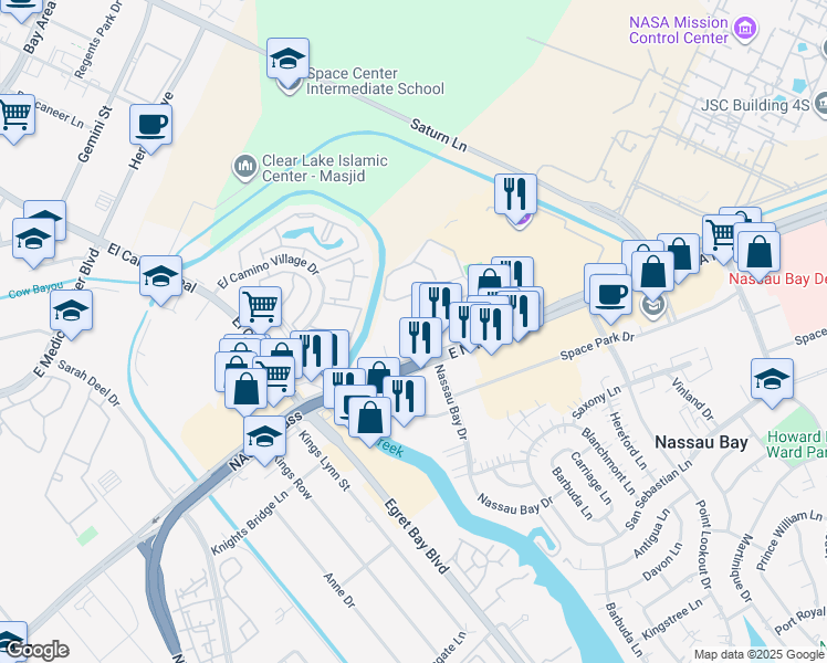 map of restaurants, bars, coffee shops, grocery stores, and more near 1235 East Nasa Parkway in Houston