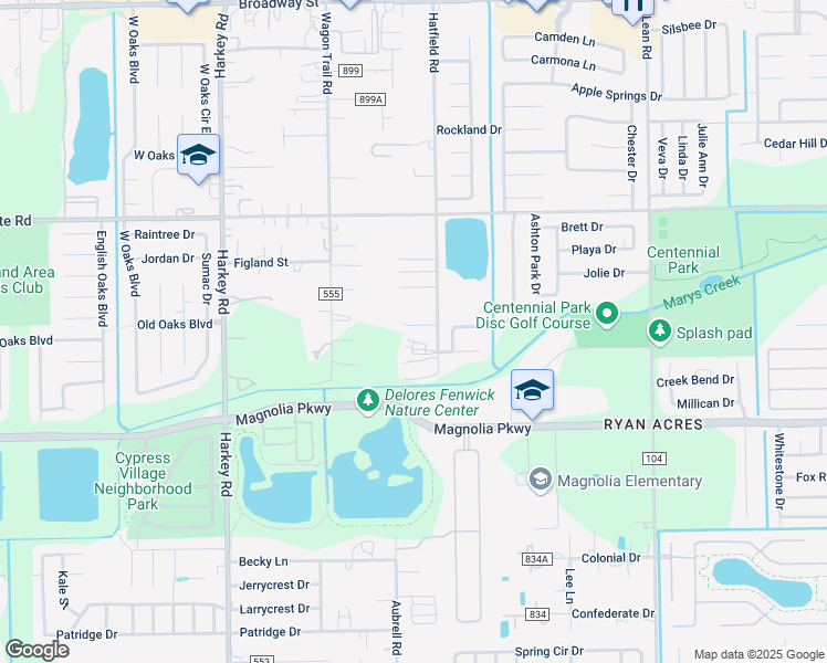 map of restaurants, bars, coffee shops, grocery stores, and more near 3134 Hatfield Road in Pearland
