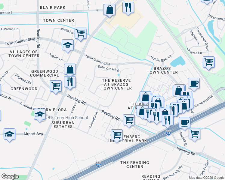 map of restaurants, bars, coffee shops, grocery stores, and more near 1503 Grayson Run Court in Rosenberg