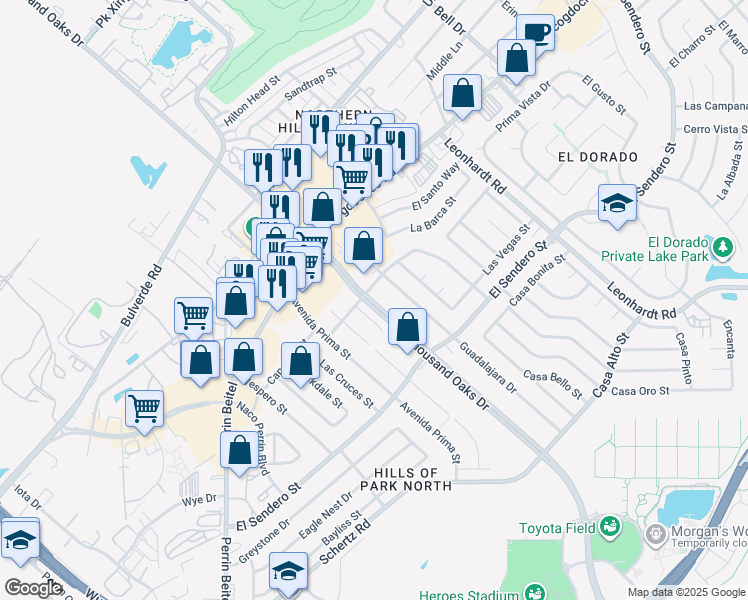map of restaurants, bars, coffee shops, grocery stores, and more near 4503 Thousand Oaks Drive in San Antonio