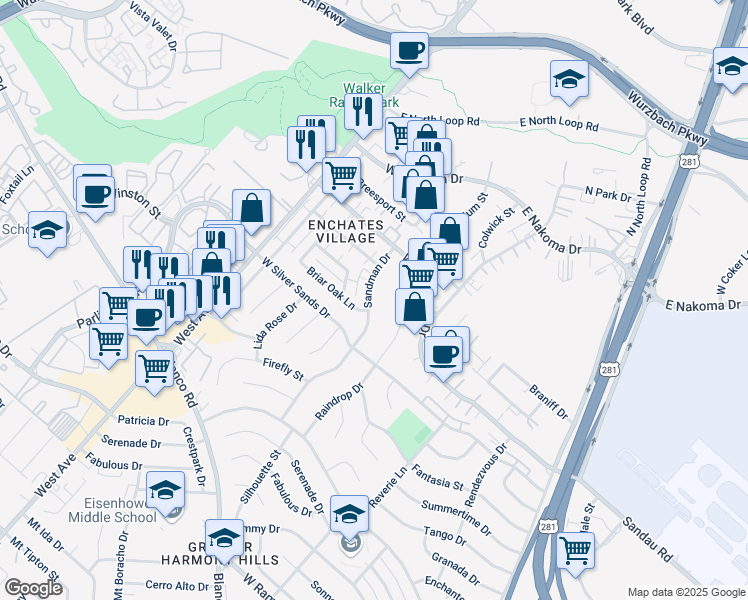 map of restaurants, bars, coffee shops, grocery stores, and more near 11811 Sandman Drive in San Antonio