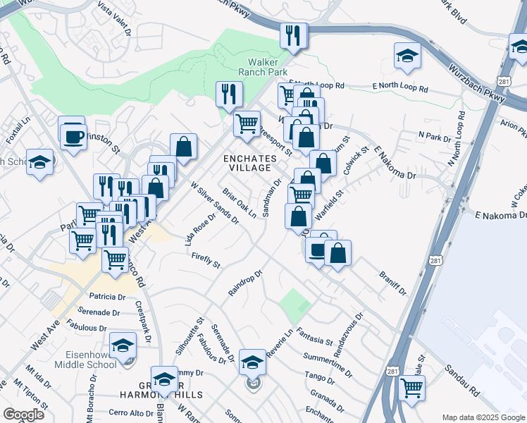 map of restaurants, bars, coffee shops, grocery stores, and more near 11811 Sandman Drive in San Antonio
