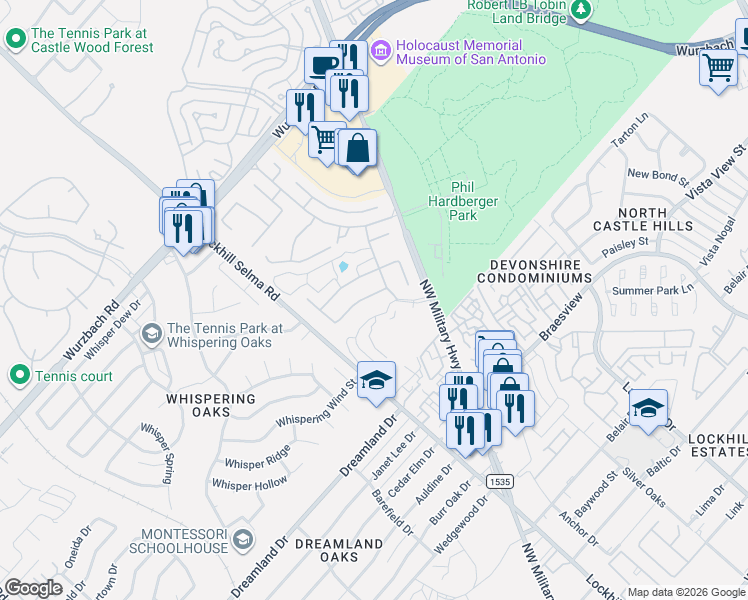 map of restaurants, bars, coffee shops, grocery stores, and more near 2814 Dusseldorf in San Antonio