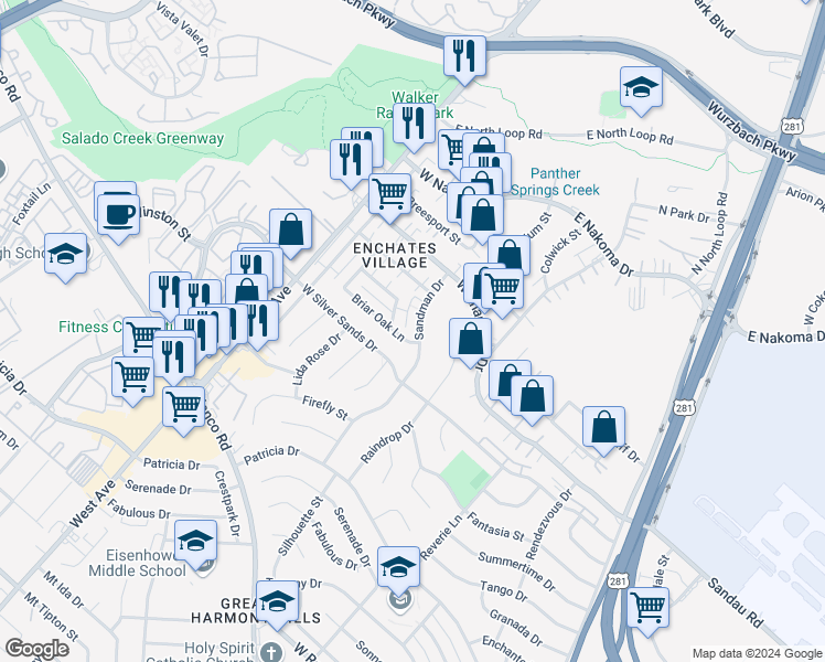 map of restaurants, bars, coffee shops, grocery stores, and more near 11811 Sandman Drive in San Antonio