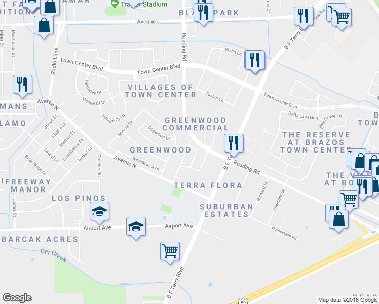map of restaurants, bars, coffee shops, grocery stores, and more near 1809 Old Creek Drive in Rosenberg