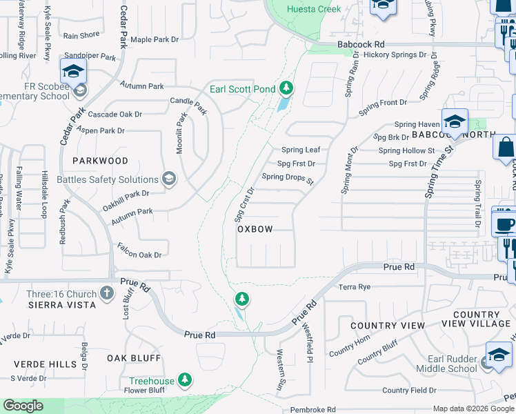 map of restaurants, bars, coffee shops, grocery stores, and more near 7214 Spring Morning in San Antonio