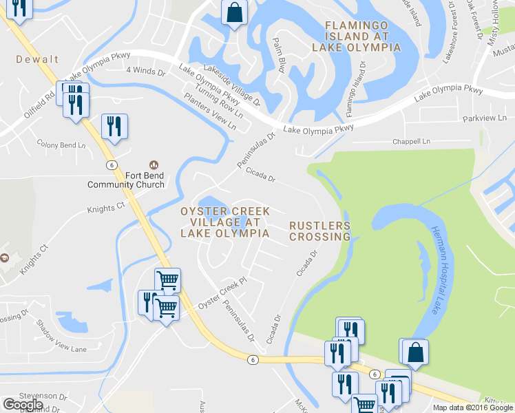 map of restaurants, bars, coffee shops, grocery stores, and more near 638 Hawthorn Pl in Missouri City