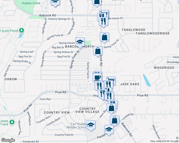 map of restaurants, bars, coffee shops, grocery stores, and more near 11414 Spring Trail Drive in San Antonio