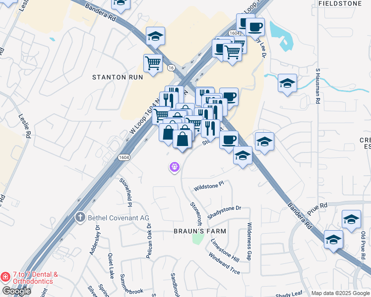 map of restaurants, bars, coffee shops, grocery stores, and more near 11631 Bandera Road in San Antonio