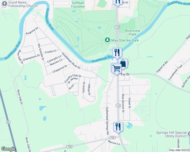 map of restaurants, bars, coffee shops, grocery stores, and more near 131 Guadalupe River Drive in Seguin
