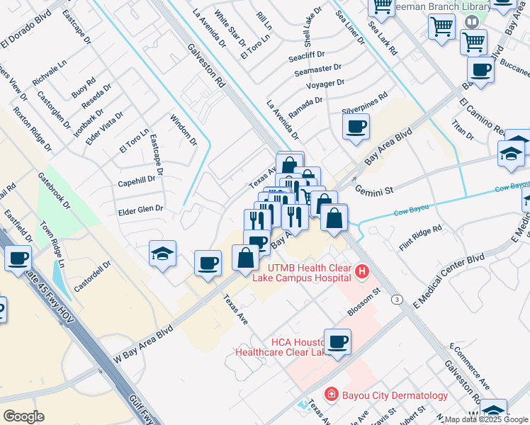map of restaurants, bars, coffee shops, grocery stores, and more near 302 Bay Area Boulevard in Webster