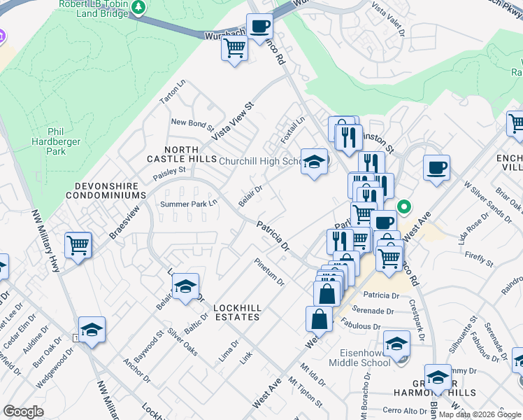 map of restaurants, bars, coffee shops, grocery stores, and more near 1401 Patricia Drive in San Antonio