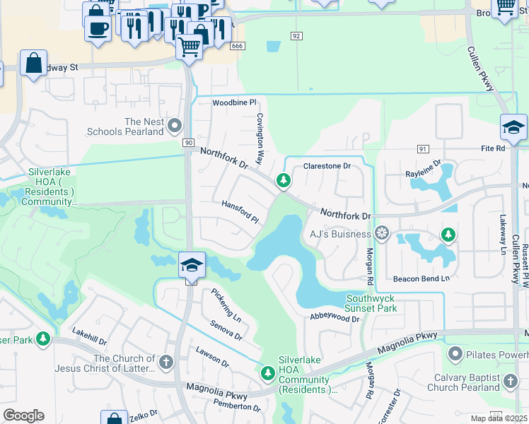 map of restaurants, bars, coffee shops, grocery stores, and more near 3630 Garrettsville Drive in Pearland