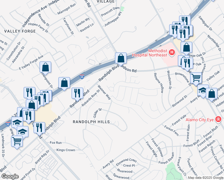 map of restaurants, bars, coffee shops, grocery stores, and more near 12012 Sailing Away Street in San Antonio