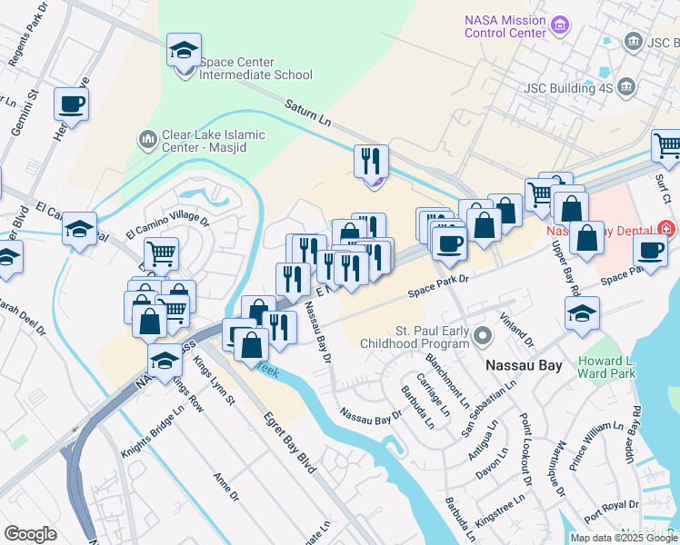 map of restaurants, bars, coffee shops, grocery stores, and more near 1315 East Nasa Parkway in Houston
