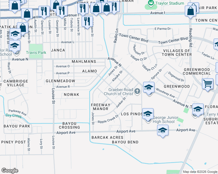 map of restaurants, bars, coffee shops, grocery stores, and more near 1801 Klauke Street in Rosenberg