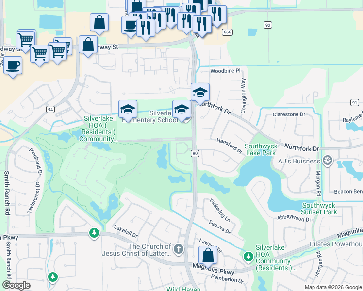 map of restaurants, bars, coffee shops, grocery stores, and more near 3314 Silverbrook Lane in Pearland