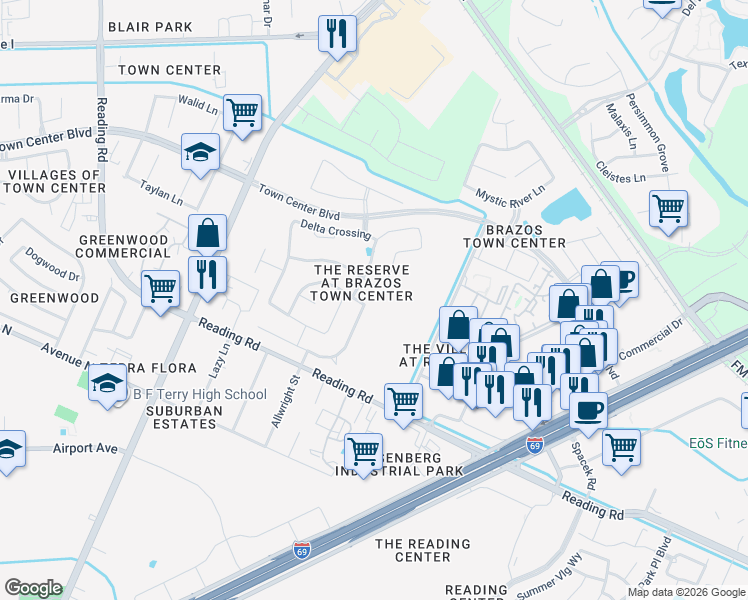 map of restaurants, bars, coffee shops, grocery stores, and more near 6515 Fisher Bend Lane in Rosenberg