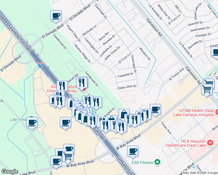 map of restaurants, bars, coffee shops, grocery stores, and more near 302 Village Creek Drive in Webster