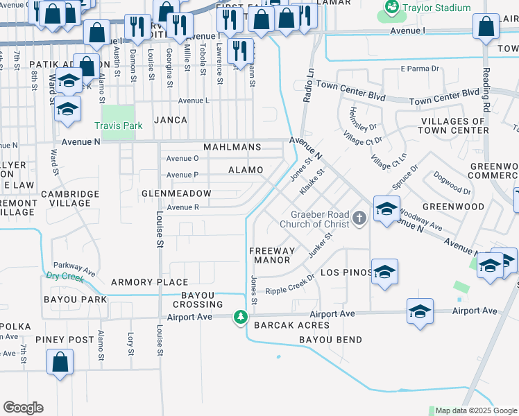 map of restaurants, bars, coffee shops, grocery stores, and more near 1903 Briar Ridge Drive in Rosenberg