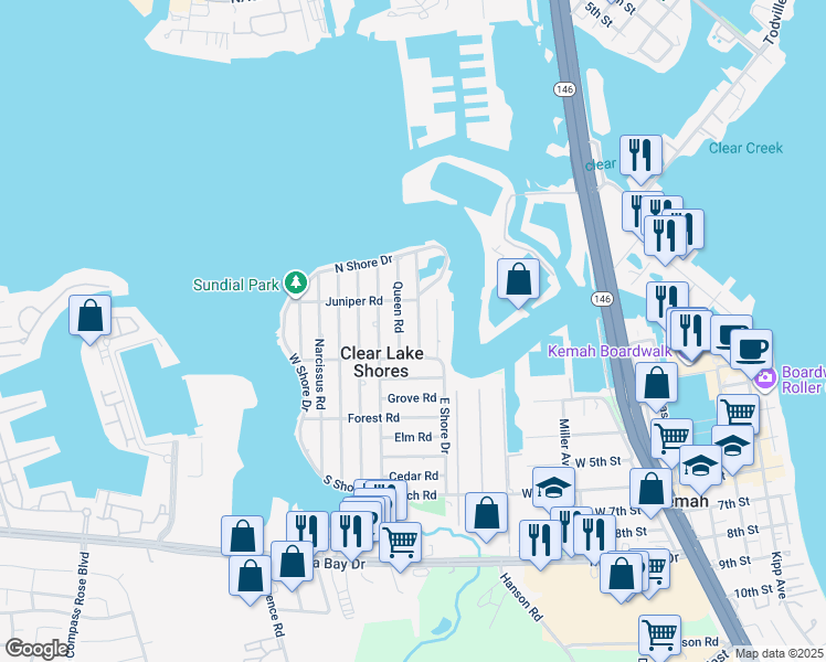 map of restaurants, bars, coffee shops, grocery stores, and more near 266 East Shore Drive in Kemah