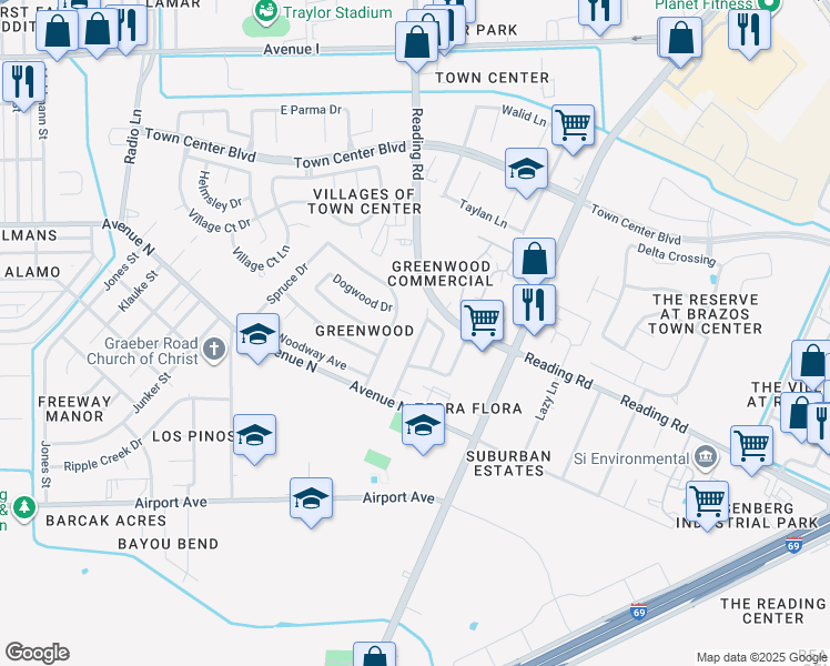 map of restaurants, bars, coffee shops, grocery stores, and more near 1812 Old Creek Drive in Rosenberg