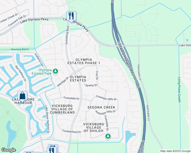 map of restaurants, bars, coffee shops, grocery stores, and more near 2738 Troy Drive in Missouri City