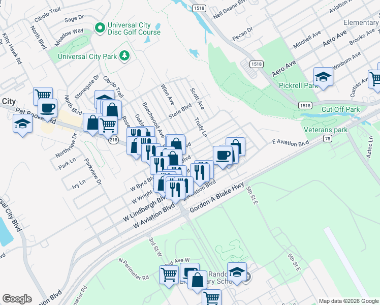 map of restaurants, bars, coffee shops, grocery stores, and more near 225 East Byrd Boulevard in Universal City