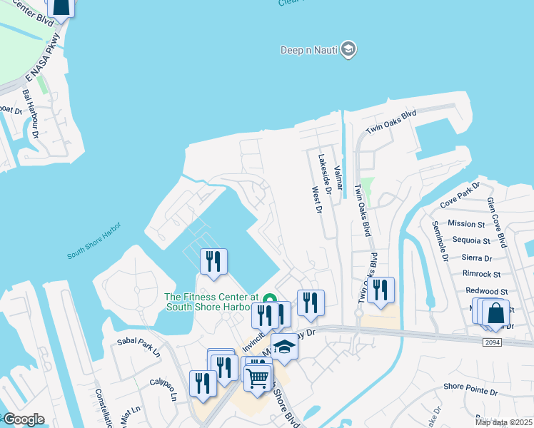 map of restaurants, bars, coffee shops, grocery stores, and more near 1301 Ketch Court in League City