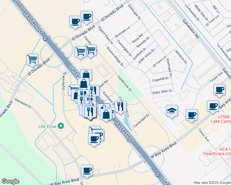 map of restaurants, bars, coffee shops, grocery stores, and more near 18833 Town Ridge Lane in Webster