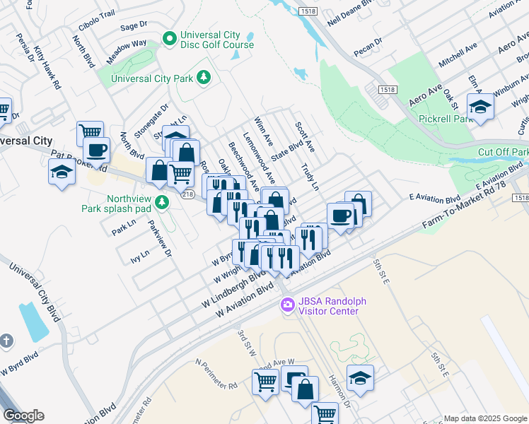 map of restaurants, bars, coffee shops, grocery stores, and more near 209 East Langley Boulevard in Universal City