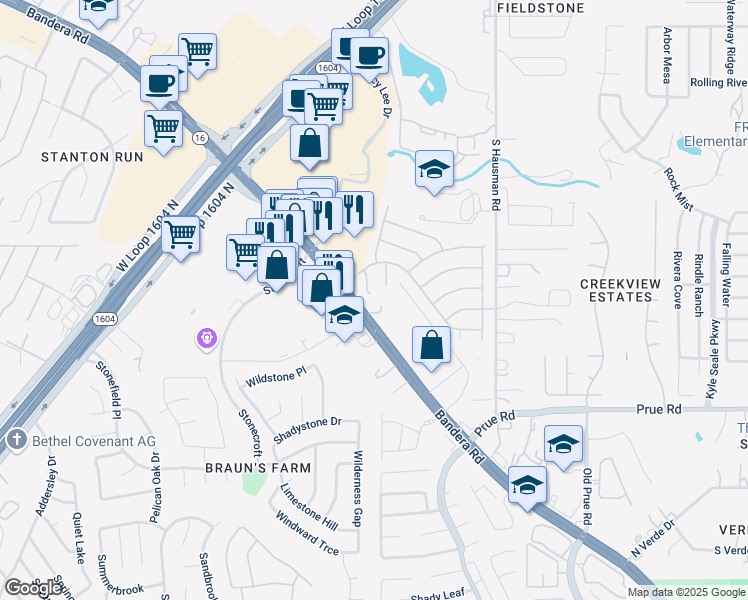 map of restaurants, bars, coffee shops, grocery stores, and more near 11502 Fair Cove in San Antonio