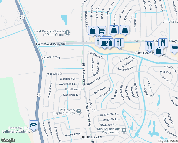 map of restaurants, bars, coffee shops, grocery stores, and more near 30 Wellwood Lane in Palm Coast