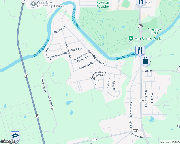 map of restaurants, bars, coffee shops, grocery stores, and more near 242 Parkridge Circle in Seguin