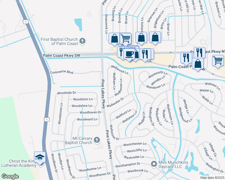 map of restaurants, bars, coffee shops, grocery stores, and more near 9 Wellham Lane in Palm Coast