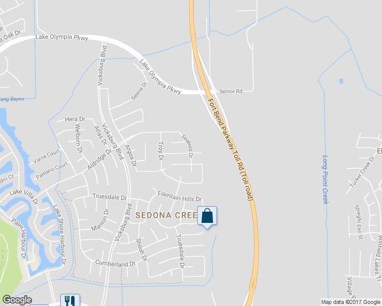 map of restaurants, bars, coffee shops, grocery stores, and more near Chimera Lane in Missouri City