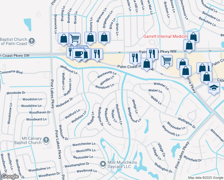 map of restaurants, bars, coffee shops, grocery stores, and more near 174 Wellington Dr in Palm Coast