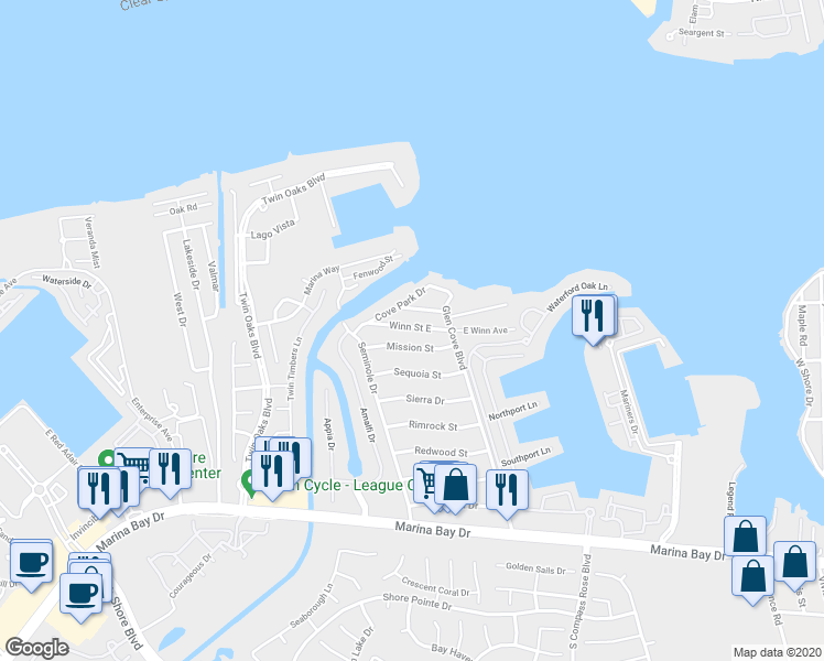 map of restaurants, bars, coffee shops, grocery stores, and more near 2117 East Winn Street in Kemah