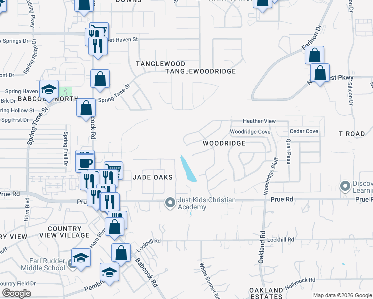 map of restaurants, bars, coffee shops, grocery stores, and more near 11503 Wood Harbor in San Antonio
