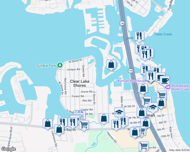 map of restaurants, bars, coffee shops, grocery stores, and more near 221 Blue Point Rd in Kemah